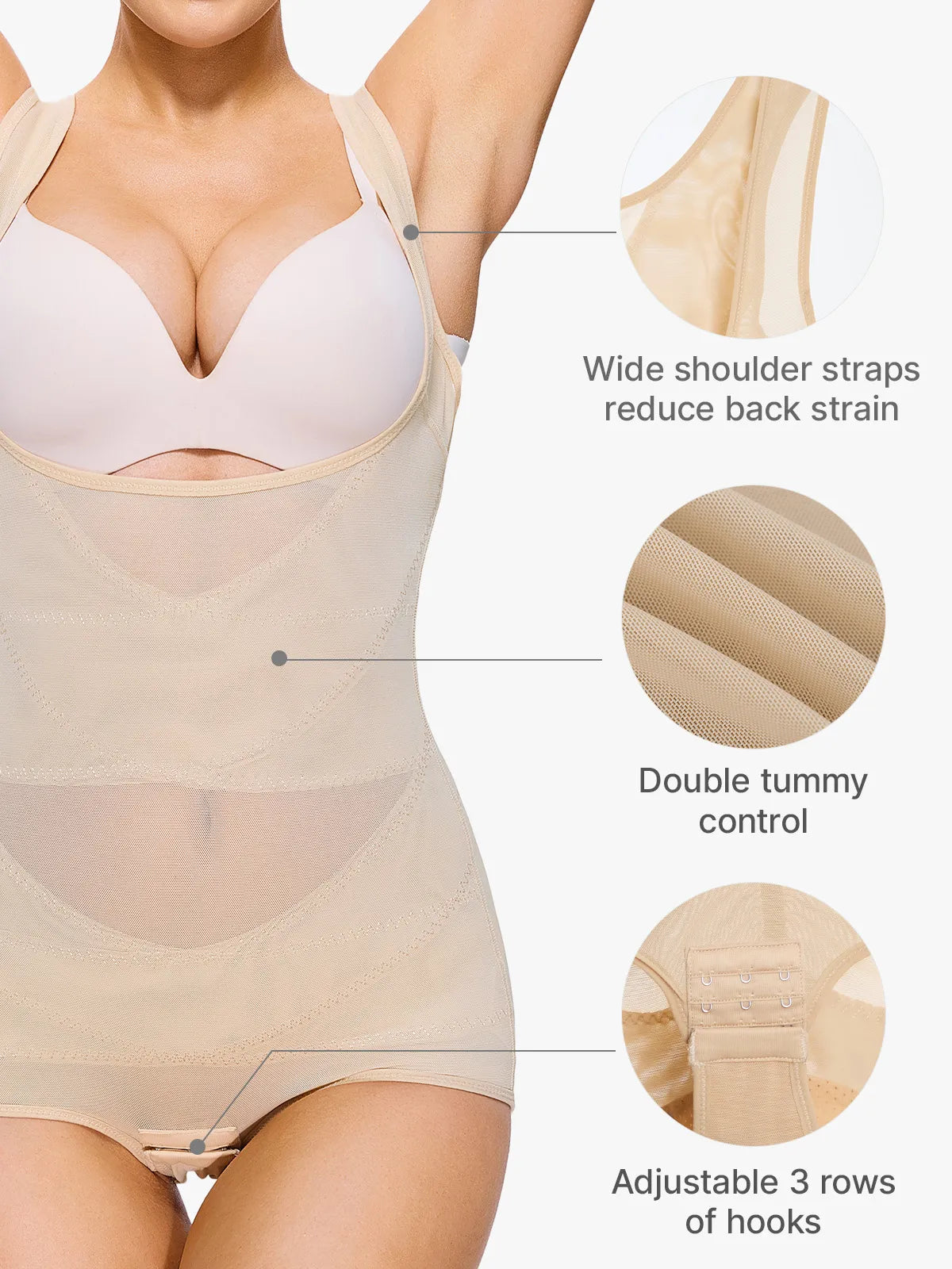 Breathable Mesh Shapewear Bodysuit with Crotch Snap High Waisted Tummy Control