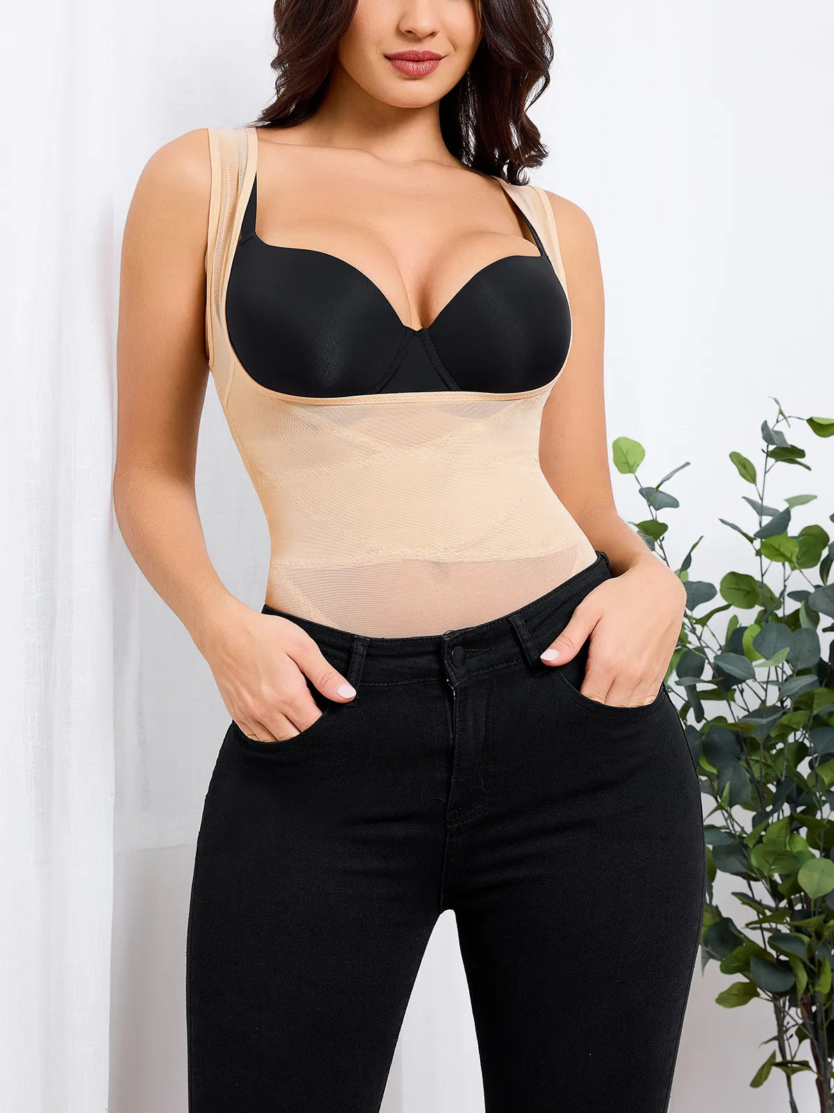 Breathable Mesh Shapewear Bodysuit with Crotch Snap High Waisted Tummy Control