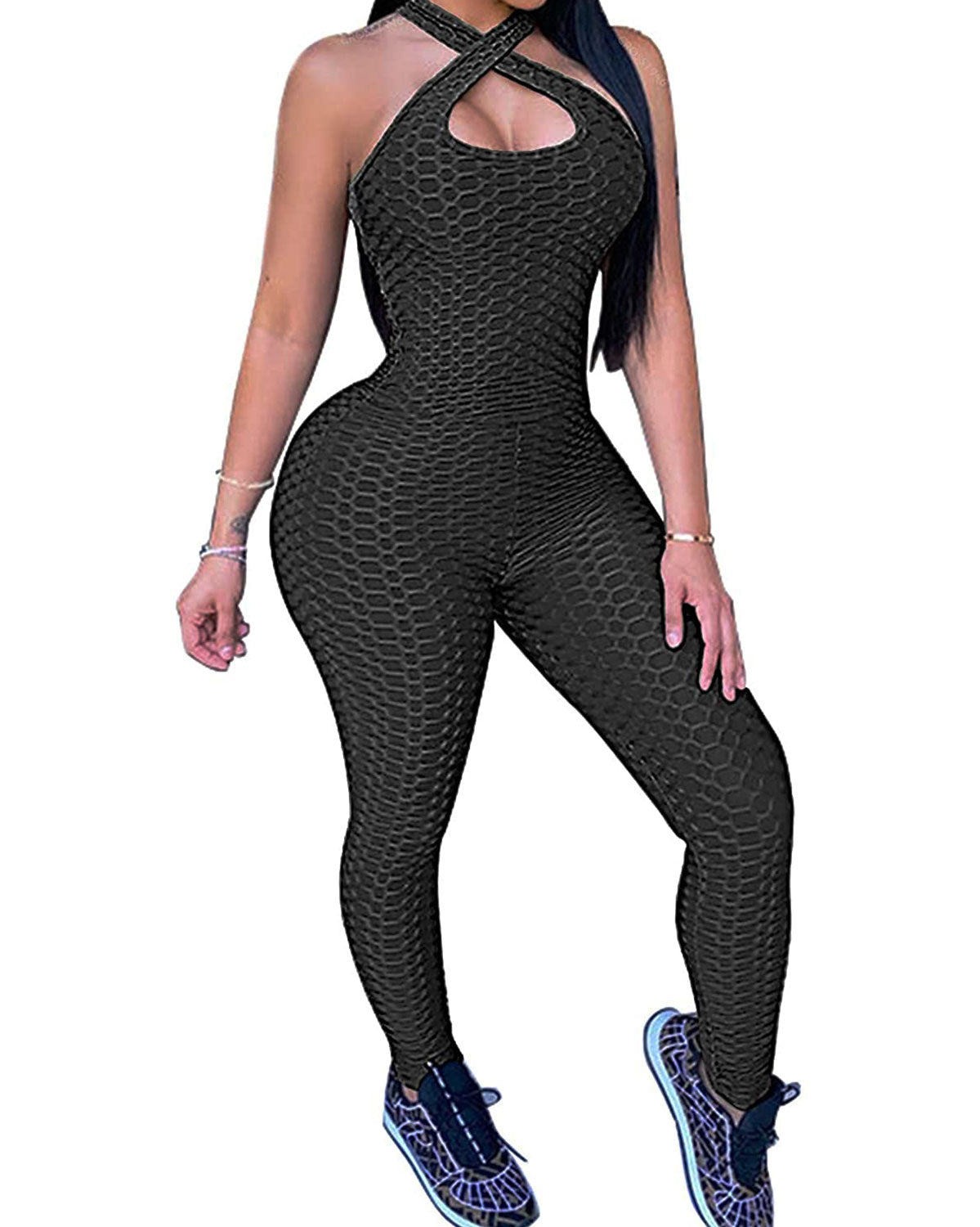 Womens Butt Lift Blackless Workout Yoga Jumpsuit Sleeveless Bandage Fitness Sport Gym Romper Playsuit