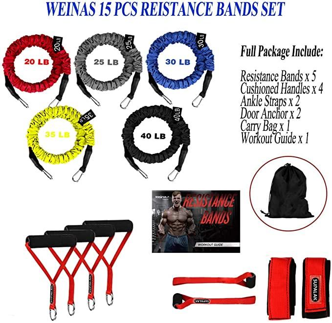 Resistance Bands, 15 Pieces Exercise Elastic Bands Set, 20lbs To 40lbs Resistance Tubes Heavy Duty Protective Nylon Sleeves Anti-Snap Fitness