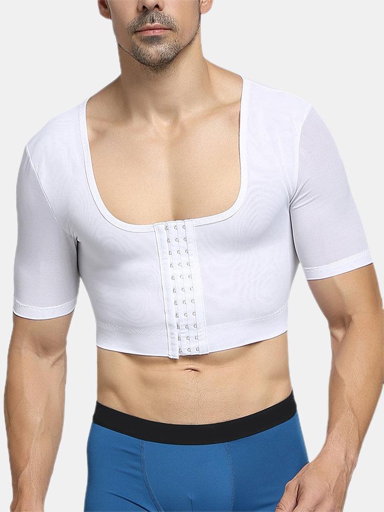 Men Net Shapewear Underwear Chest Control Nylon Breathable Hasp Plain Undershirts