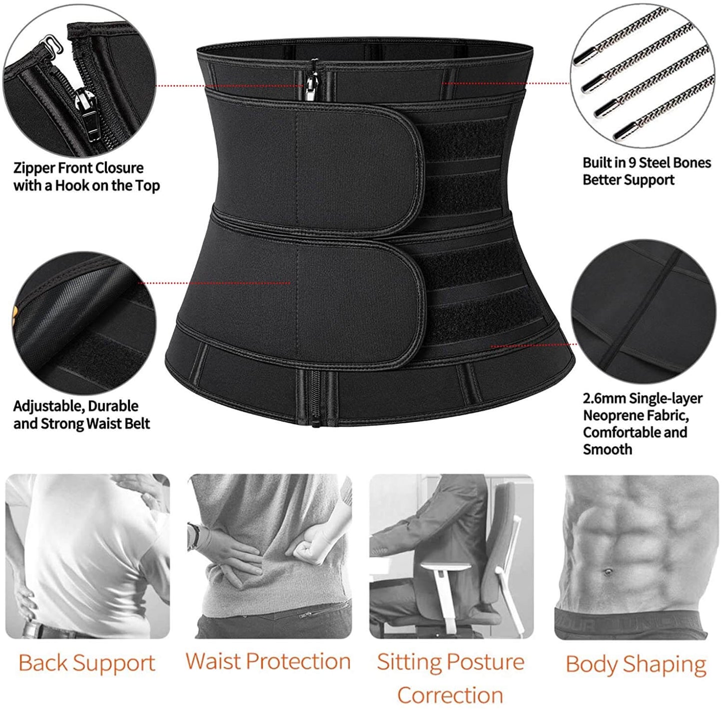 Neoprene Sauna Workout Waist Trainer for Men with Removable belt