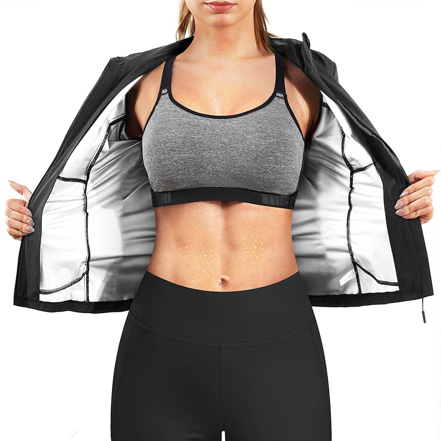 Women Hot Sweat Sauna Suit Waist Trainer Jacket Shaper Zipper Shirt Workout Long Sleeve Tops