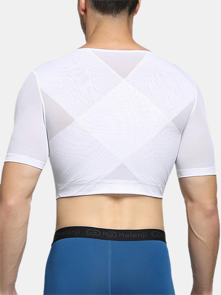 Men Net Shapewear Underwear Chest Control Nylon Breathable Hasp Plain Undershirts