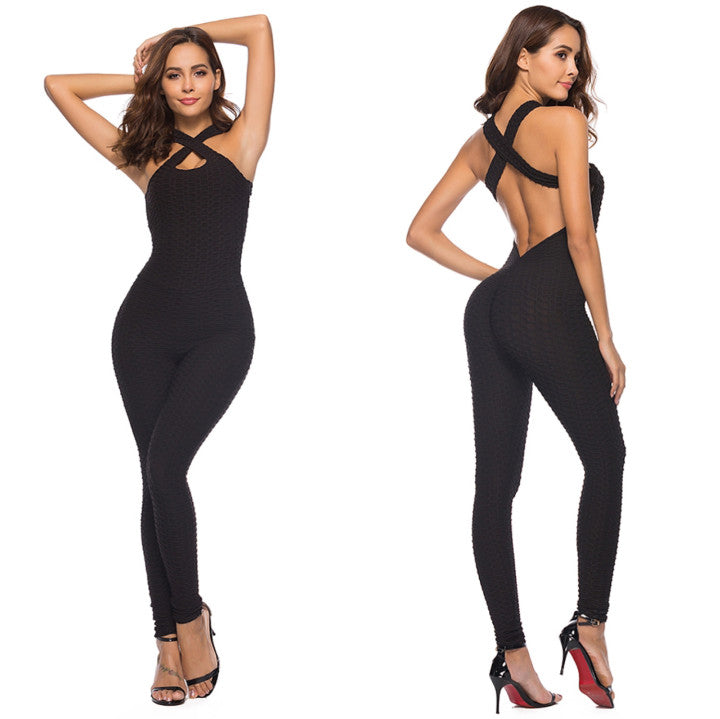 Womens Butt Lift Blackless Workout Yoga Jumpsuit Sleeveless Bandage Fitness Sport Gym Romper Playsuit